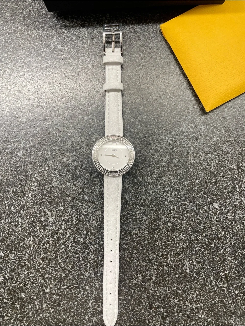 FENDI Women's Quartz Analog Dress Watch Silver Case White Leather Strap Box COA